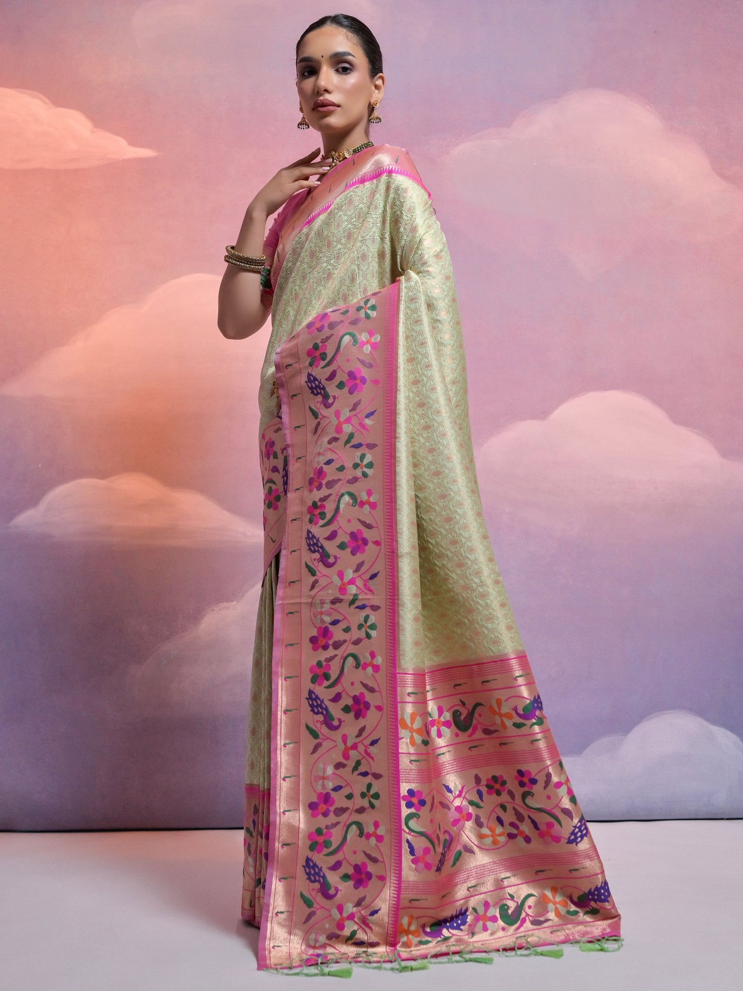 Pista Green Woven Paithani Silk Saree