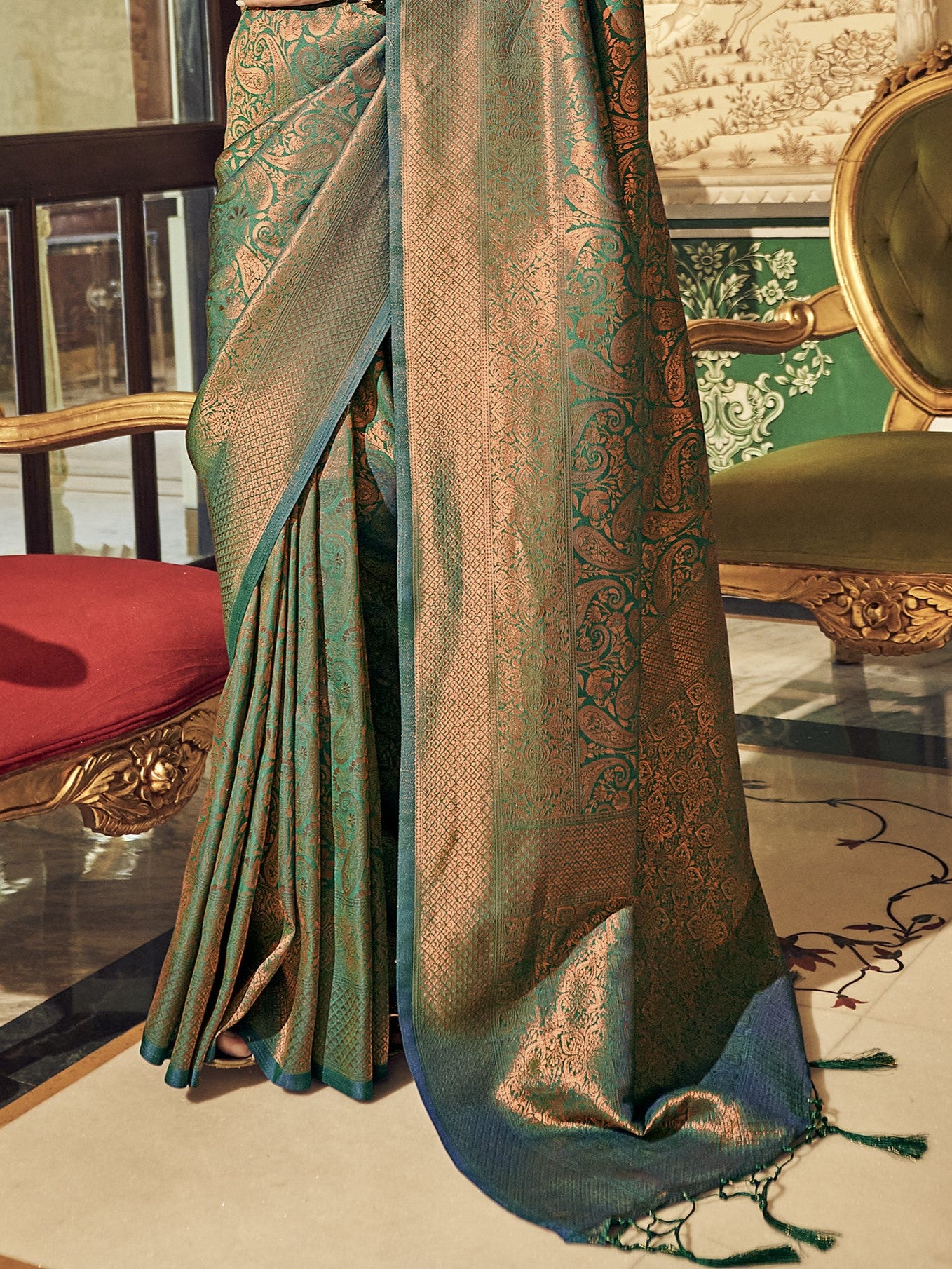 Golden Teal Kanjivaram Saree