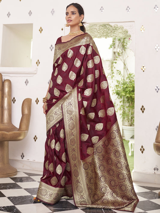 Deep Wine Satin Silk Banarasi Saree