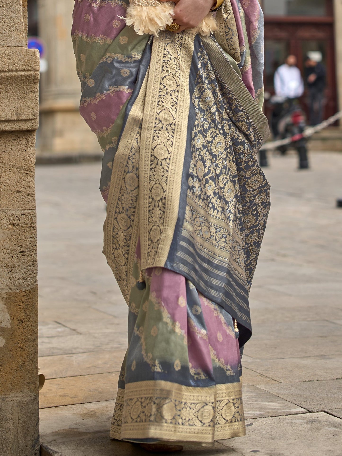 Ash Gray with Multicolor Banarasi Print Soft Silk Saree