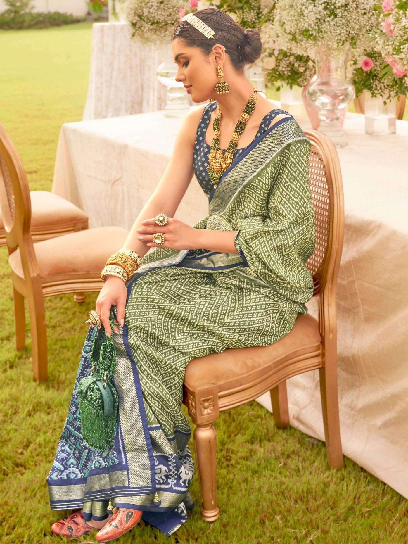 Sage Green and Blue Patola Saree