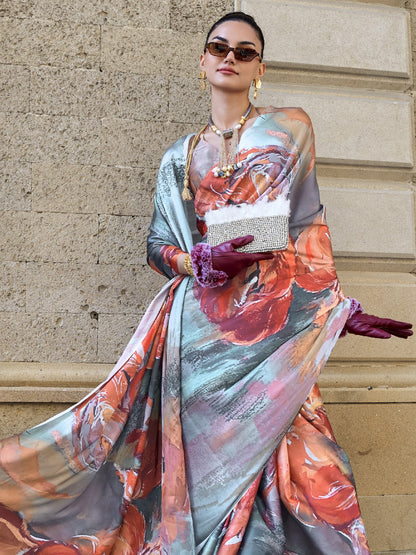 Gray & Orange Satin Crepe Printed Saree