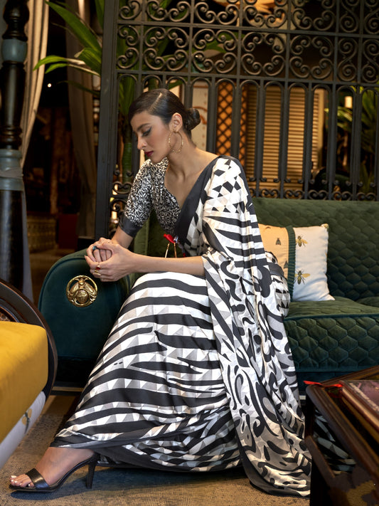 Black & White Satin Silk Printed Saree