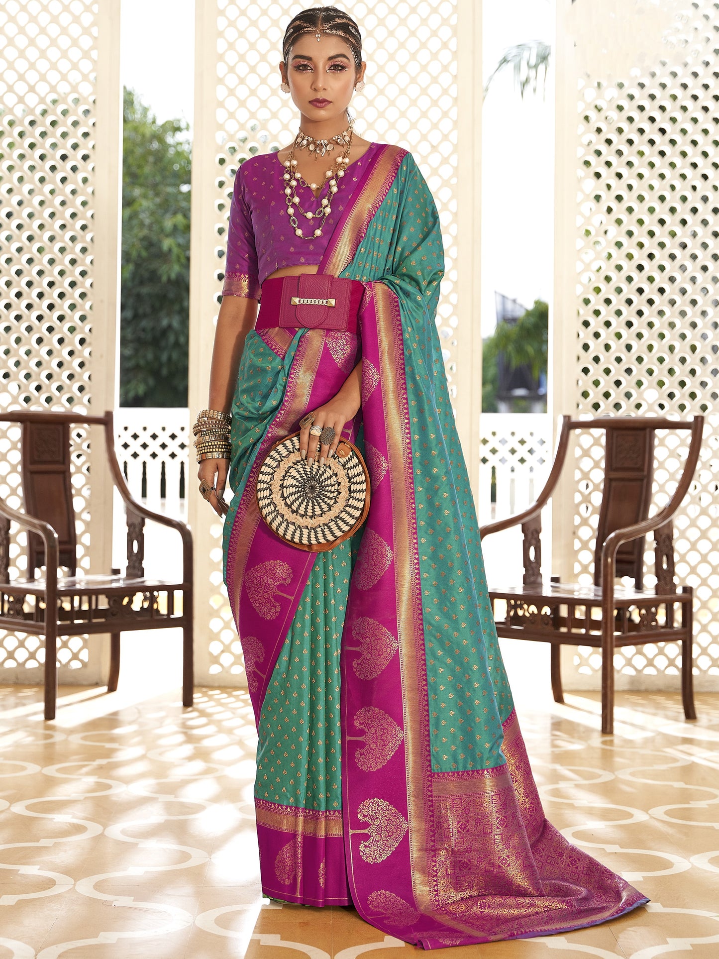 Aqua Blue Woven Banarasi Soft Silk Saree