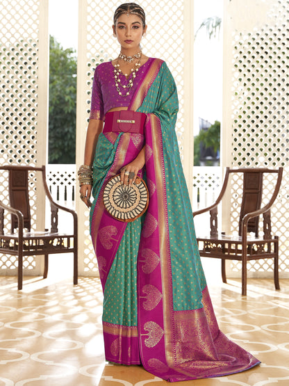 Aqua Blue Woven Banarasi Soft Silk Saree