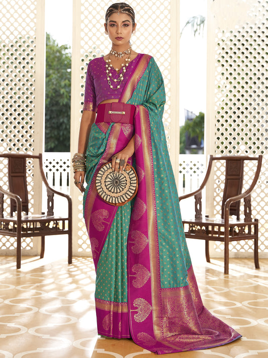 Aqua Blue Woven Banarasi Soft Silk Saree