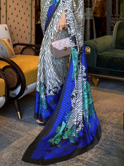 White & Blue Satin Silk Printed Saree