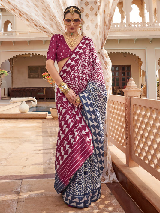 Deep Magenta Printed Patola Silk Saree