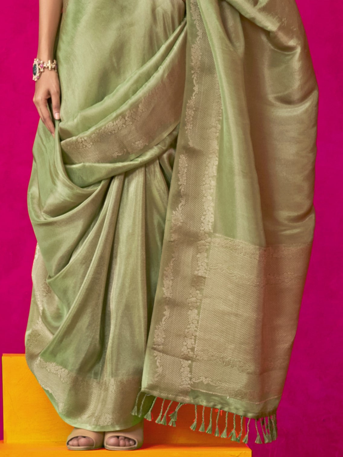 Mantis Green Zari Woven Tissue Silk Saree with Contrast Blouse