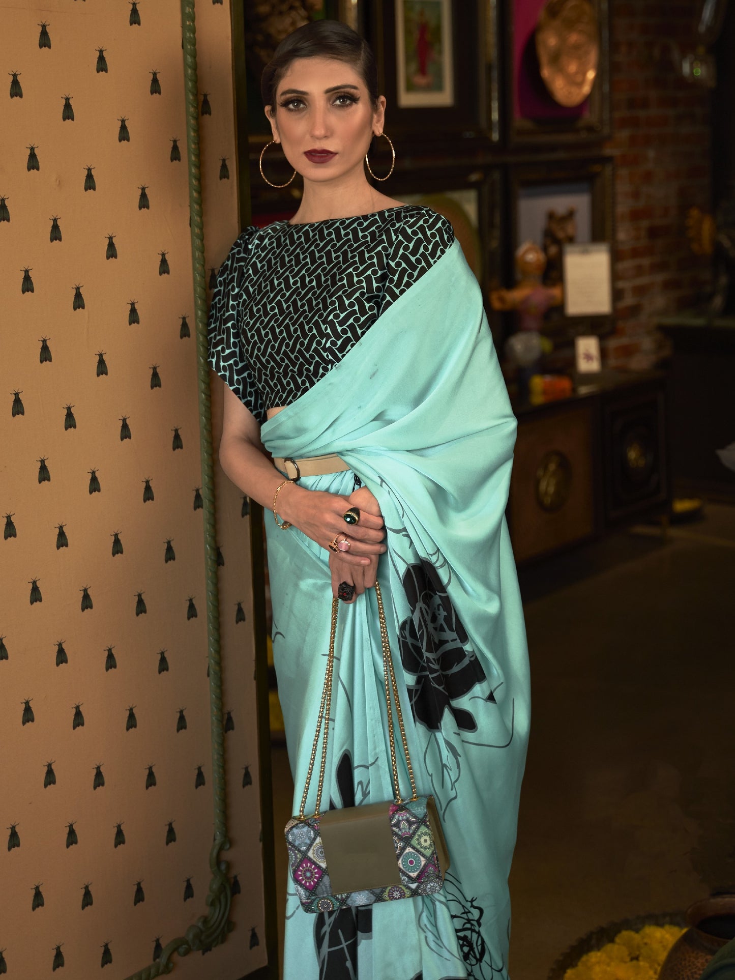 Pastel Cyan Satin Silk Printed Saree