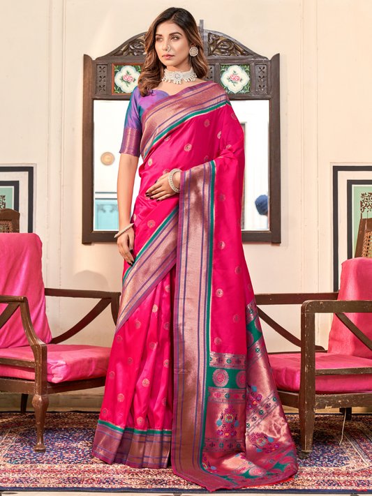 Bright Pink Woven Soft Silk Paithani Saree