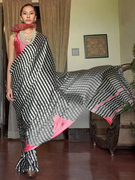 Black White Stripped Printed Satin Silk Saree