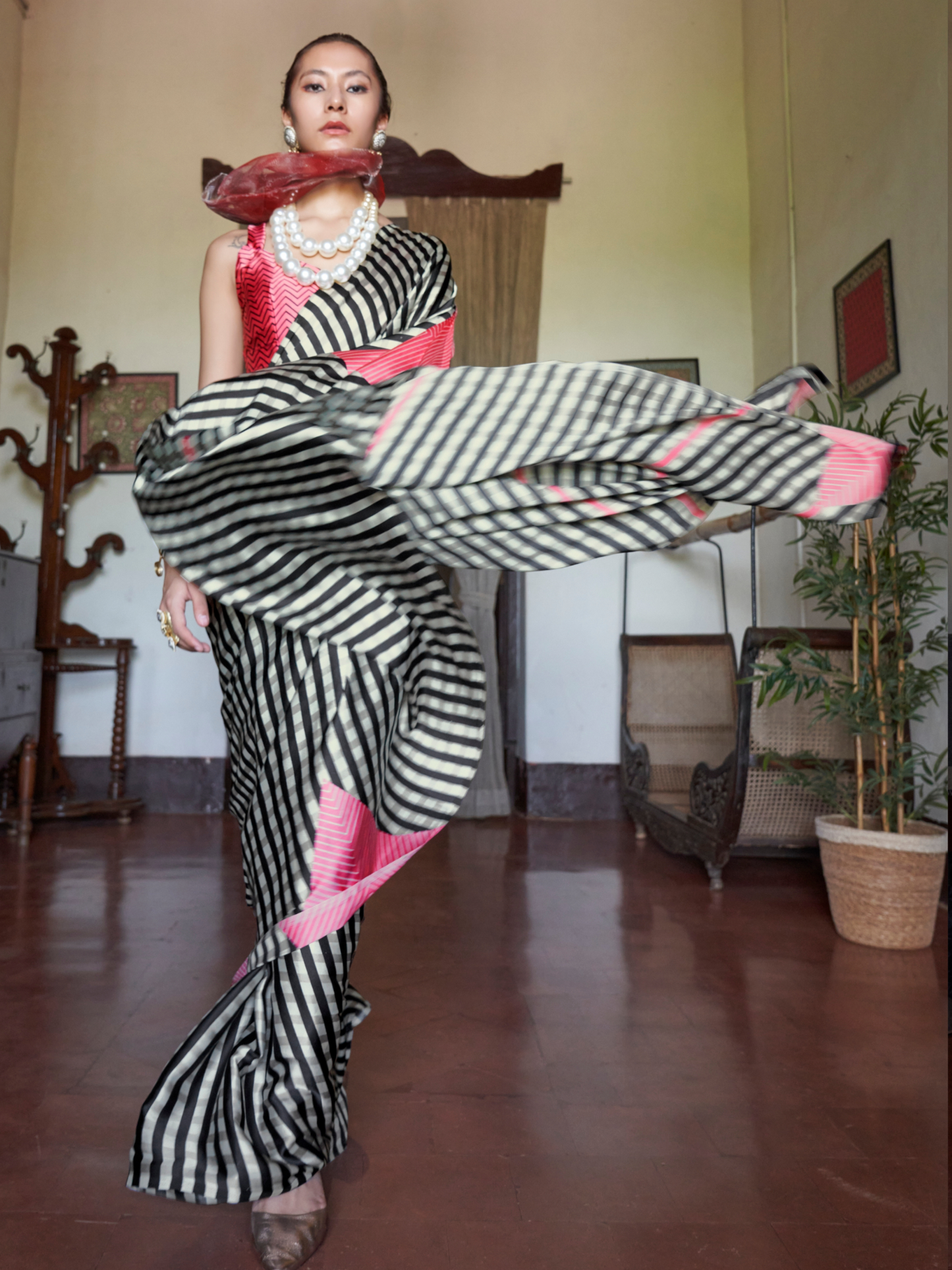 Black White Stripped Printed Satin Silk Saree