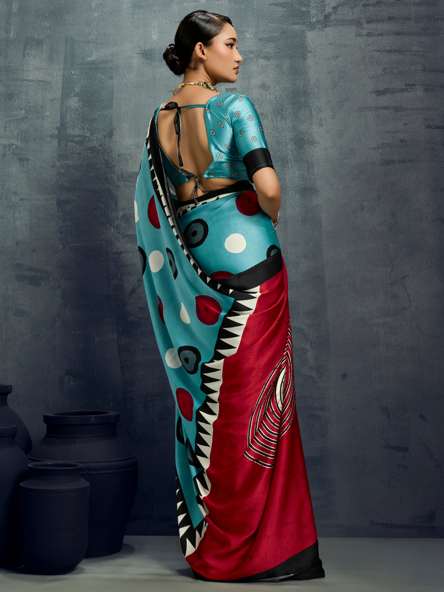 Azure Blue Printed Satin Silk Saree