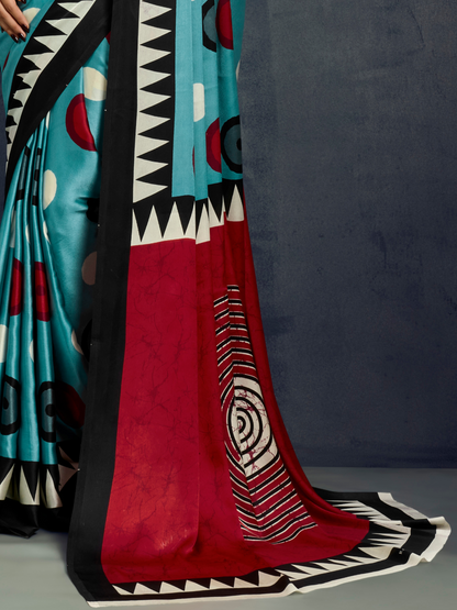 Azure Blue Printed Satin Silk Saree