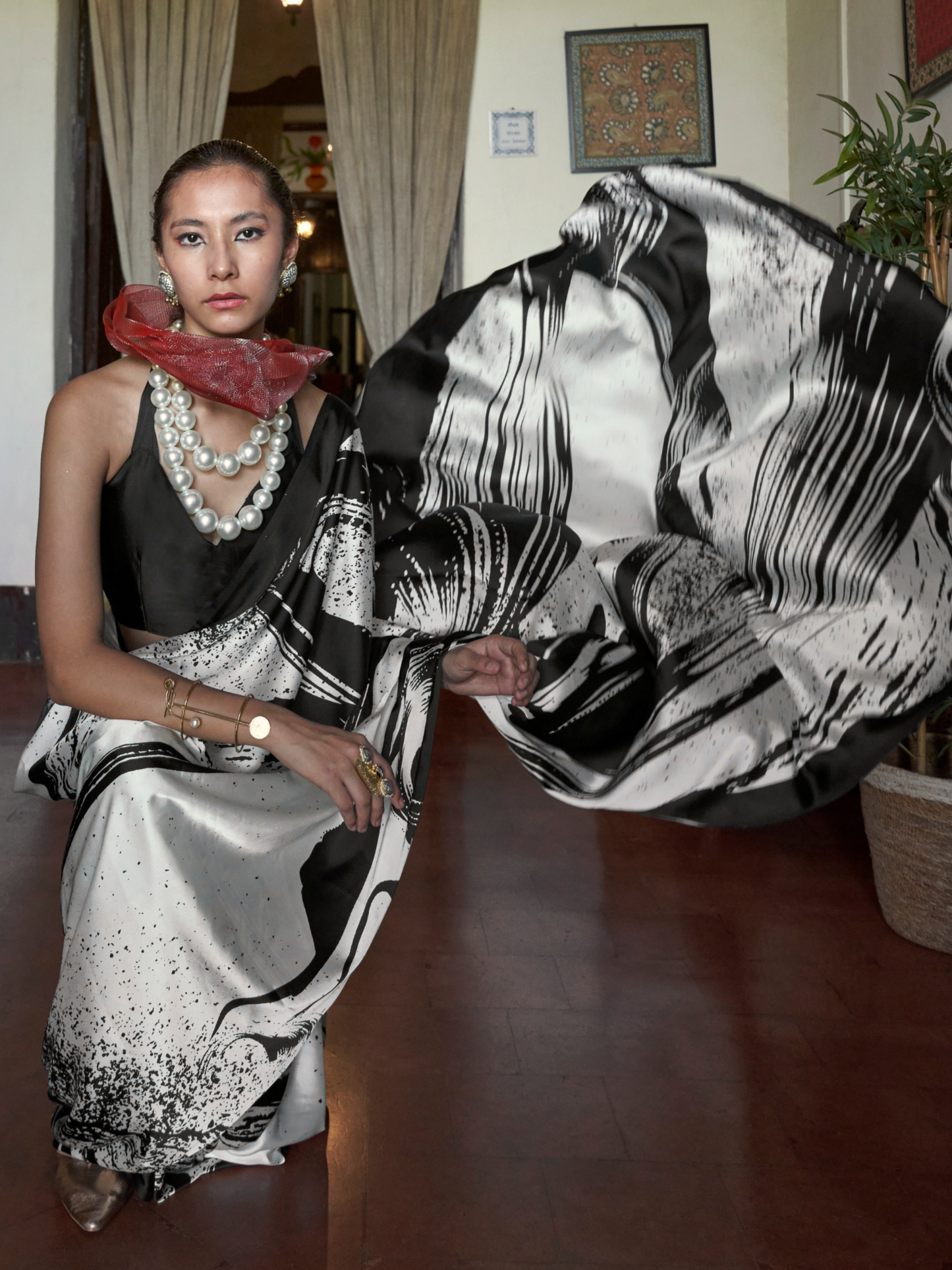 Black & White Printed Satin Silk Saree