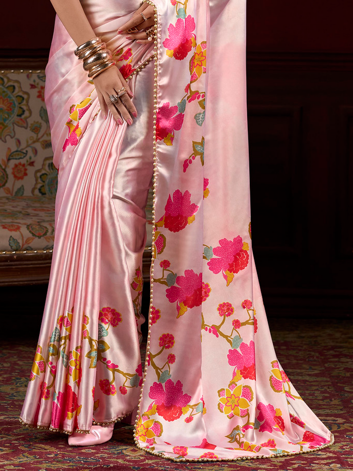 Candy Pink Printed Satin Silk Saree