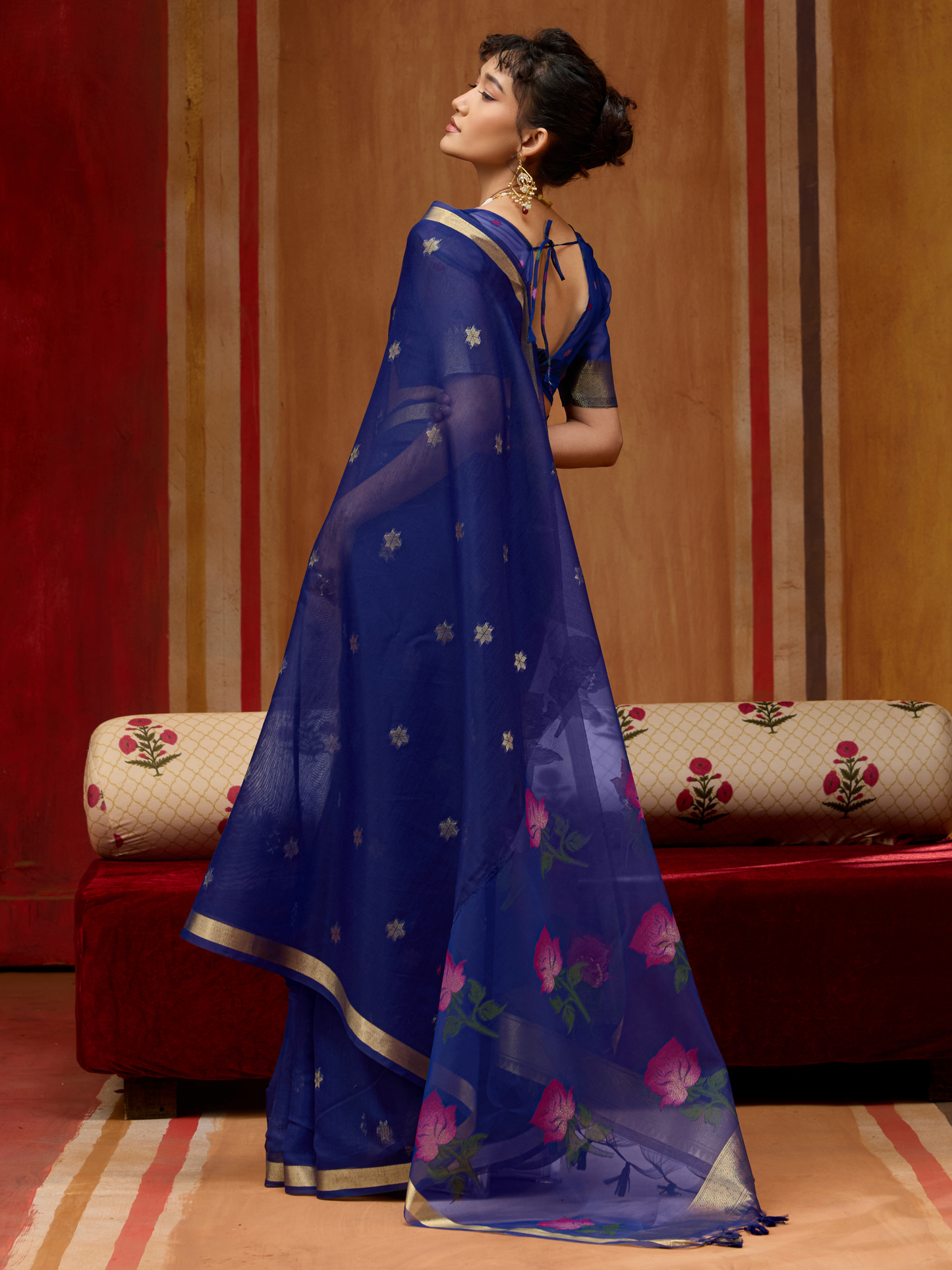 Ink Blue Spun Cotton Weaving Saree