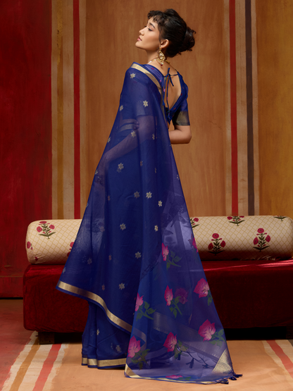 Ink Blue Spun Cotton Weaving Saree