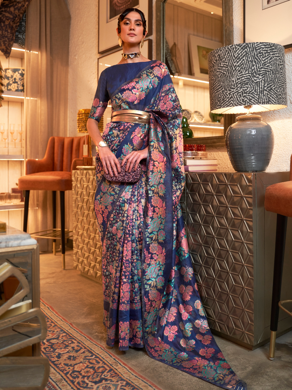 Midnight Blue Woven Kashmiri Silk Saree