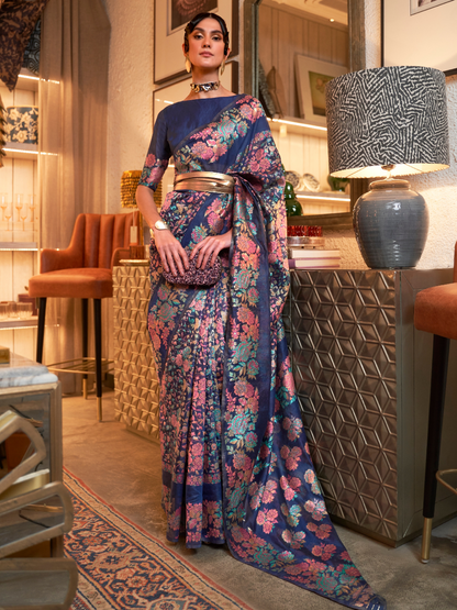Midnight Blue Woven Kashmiri Silk Saree