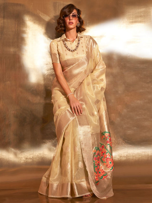 Light Yellow Woven Paithani Tissue Silk Saree