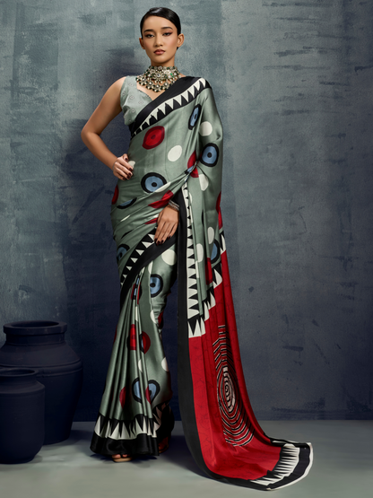 Metallic Gray Printed Satin Silk Saree