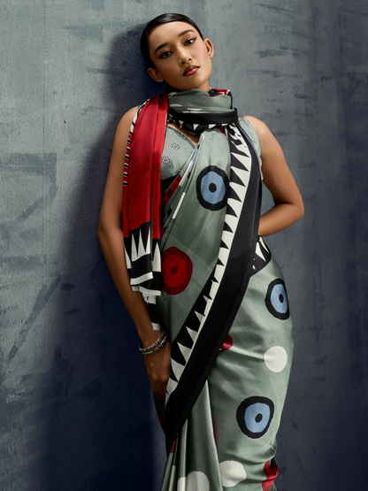 Metallic Gray Printed Satin Silk Saree