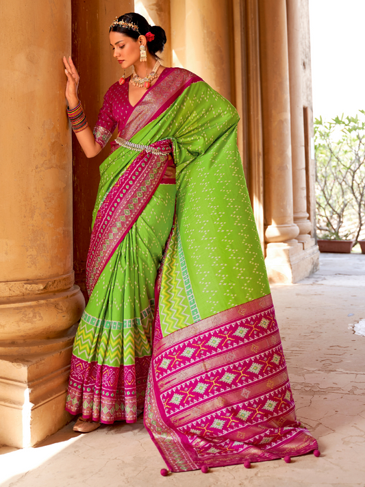 Parrot Green Patola Silk Saree