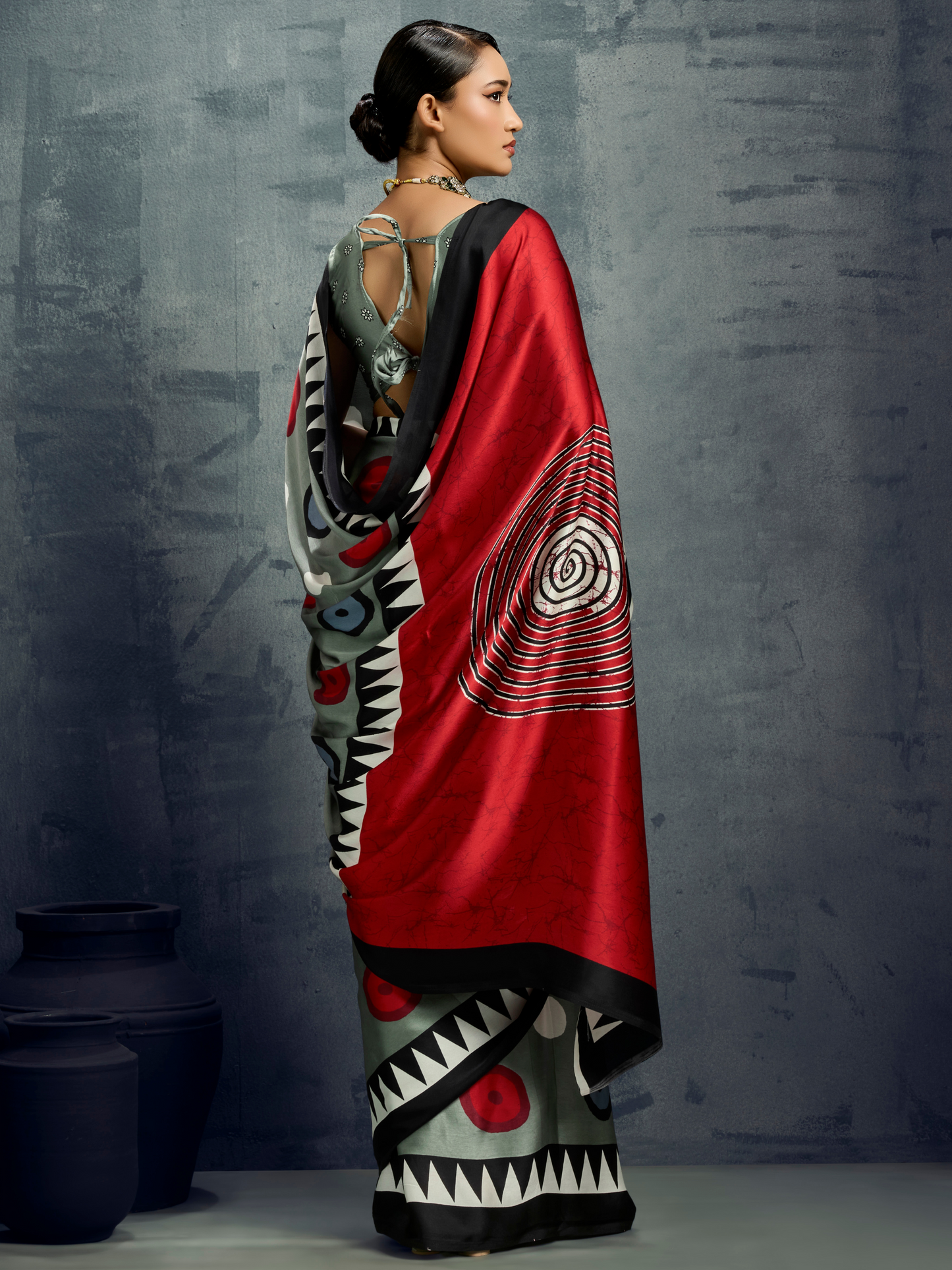 Metallic Gray Printed Satin Silk Saree
