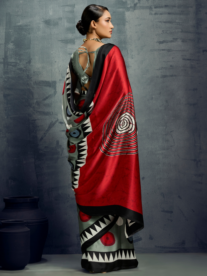 Metallic Gray Printed Satin Silk Saree