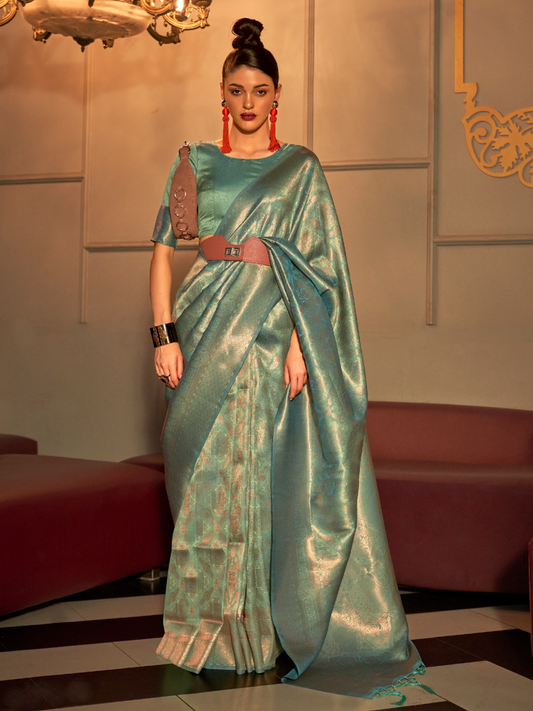 Ocean Blue Woven Kanjivaram Silk Saree