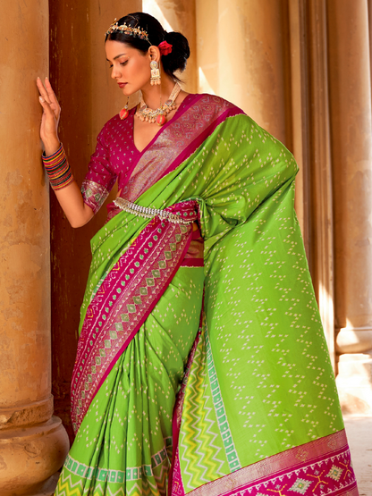 Parrot Green Patola Silk Saree
