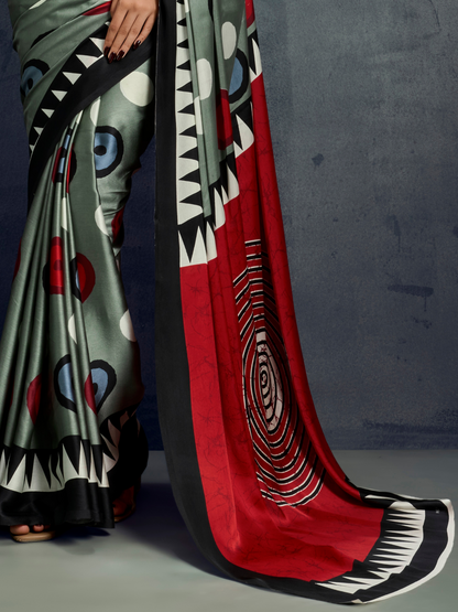 Metallic Gray Printed Satin Silk Saree