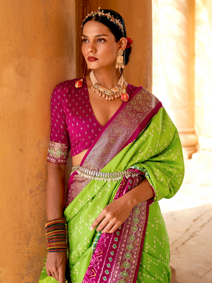 Parrot Green Patola Silk Saree