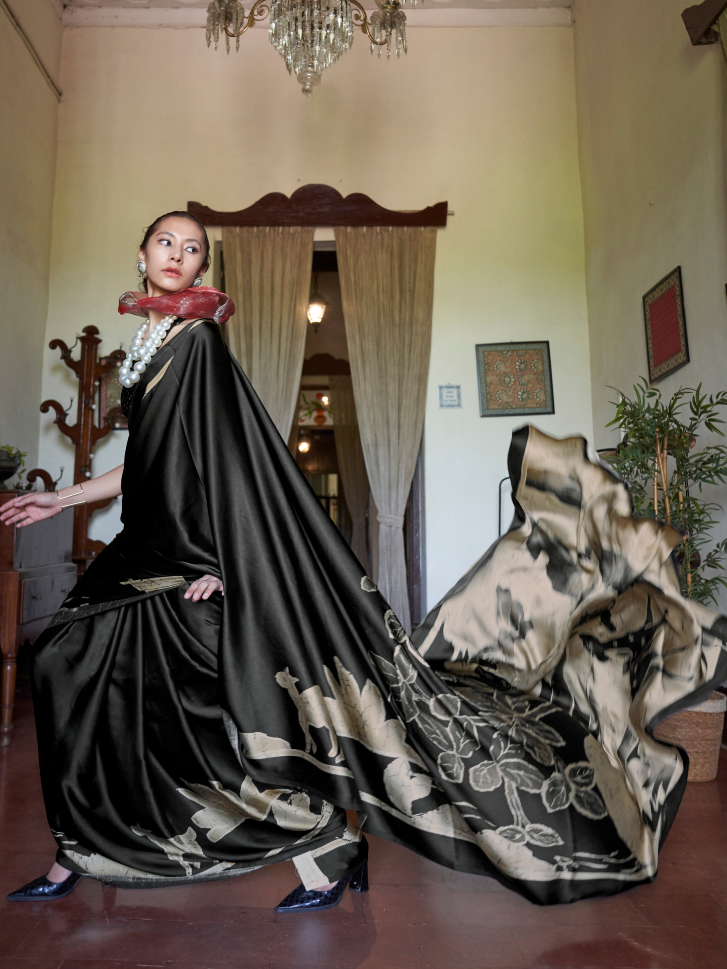 Grayish Black Printed Satin Silk Saree