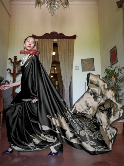 Grayish Black Printed Satin Silk Saree