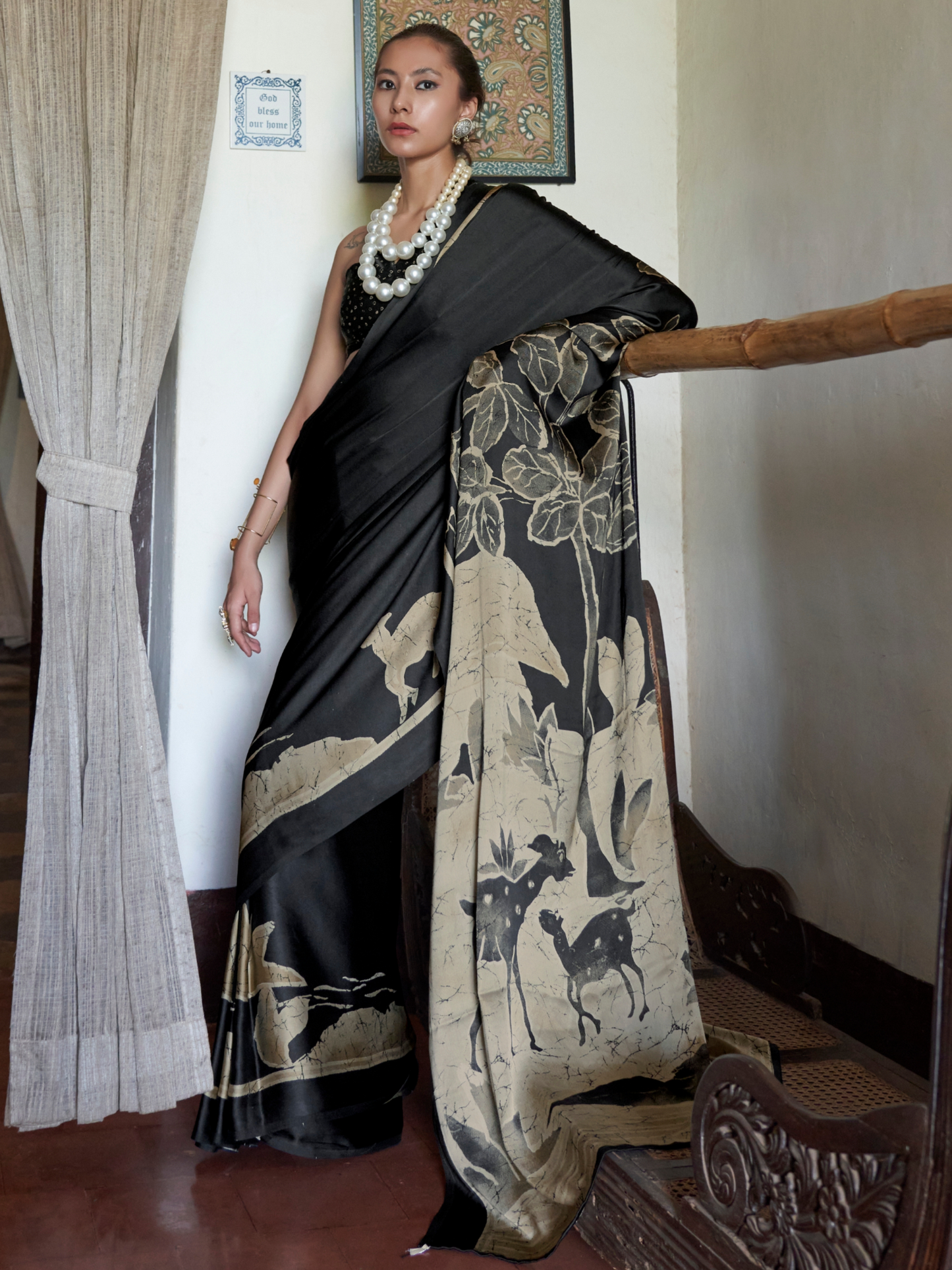 Grayish Black Printed Satin Silk Saree