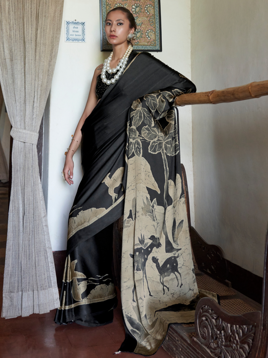 Grayish Black Printed Satin Silk Saree