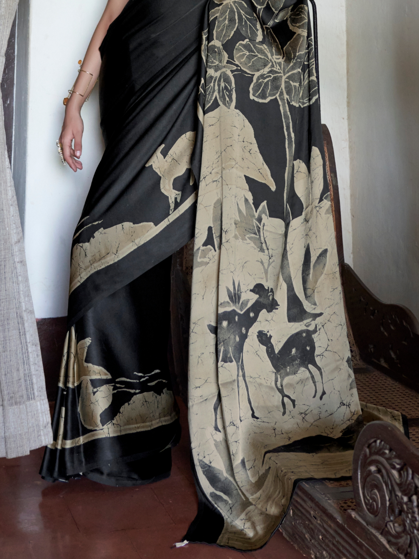 Grayish Black Printed Satin Silk Saree