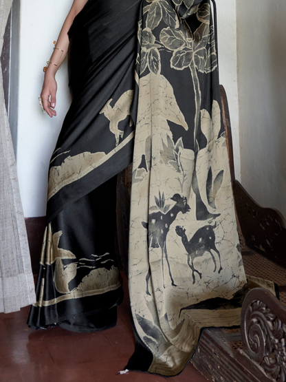 Grayish Black Printed Satin Silk Saree