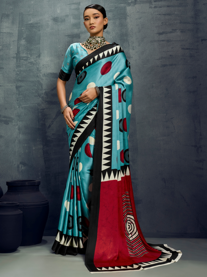 Azure Blue Printed Satin Silk Saree