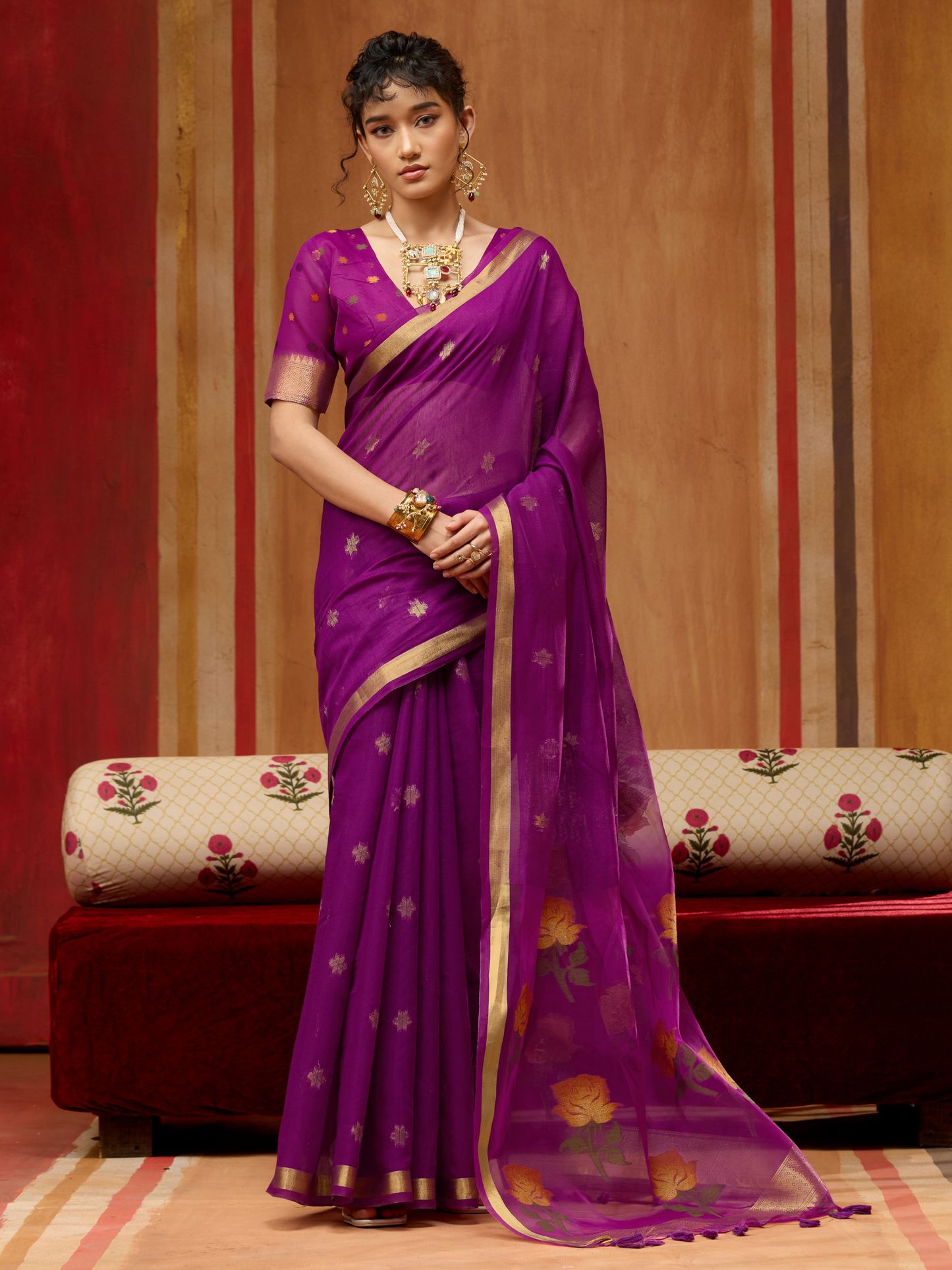 Grape Violet Spun Cotton Weaving Saree