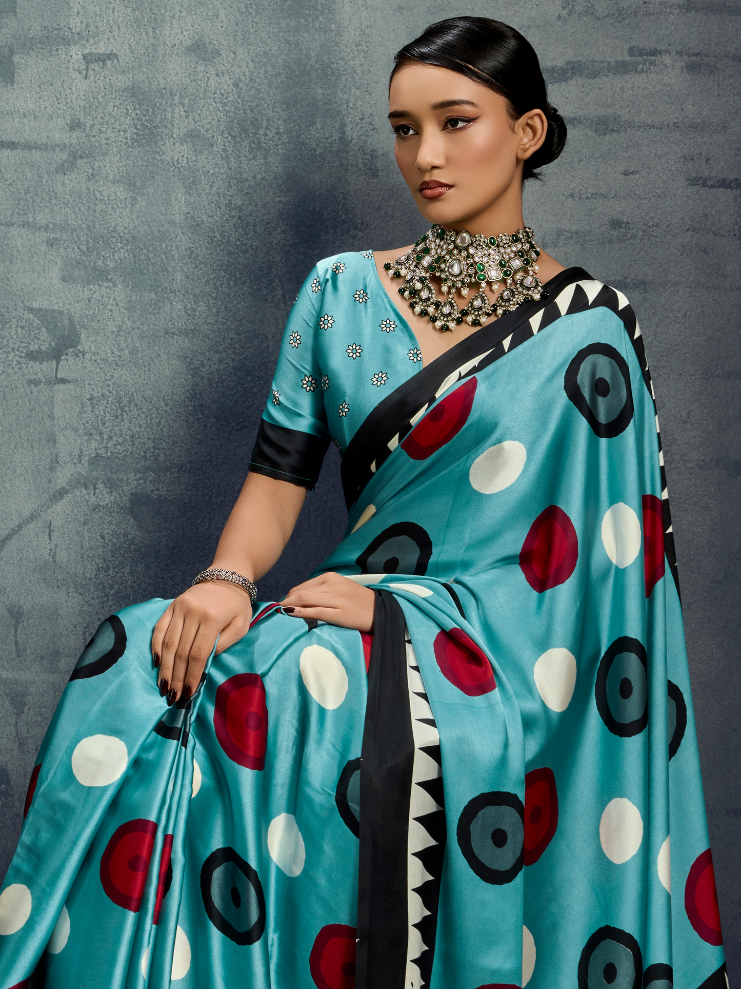Azure Blue Printed Satin Silk Saree