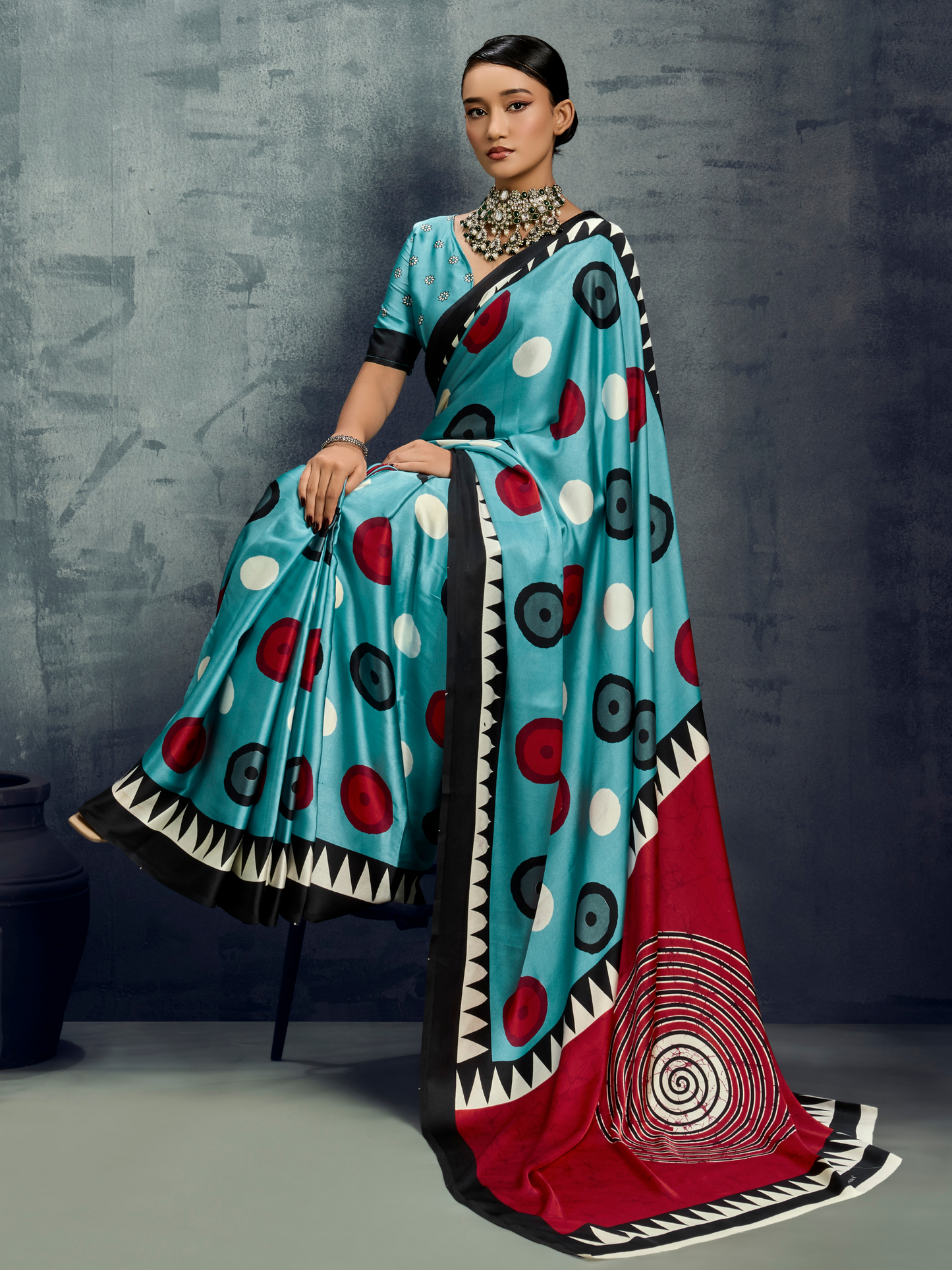 Azure Blue Printed Satin Silk Saree