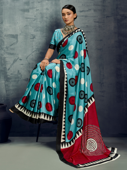 Azure Blue Printed Satin Silk Saree