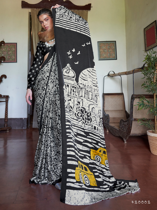Unique Black & White Printed Satin Silk Saree