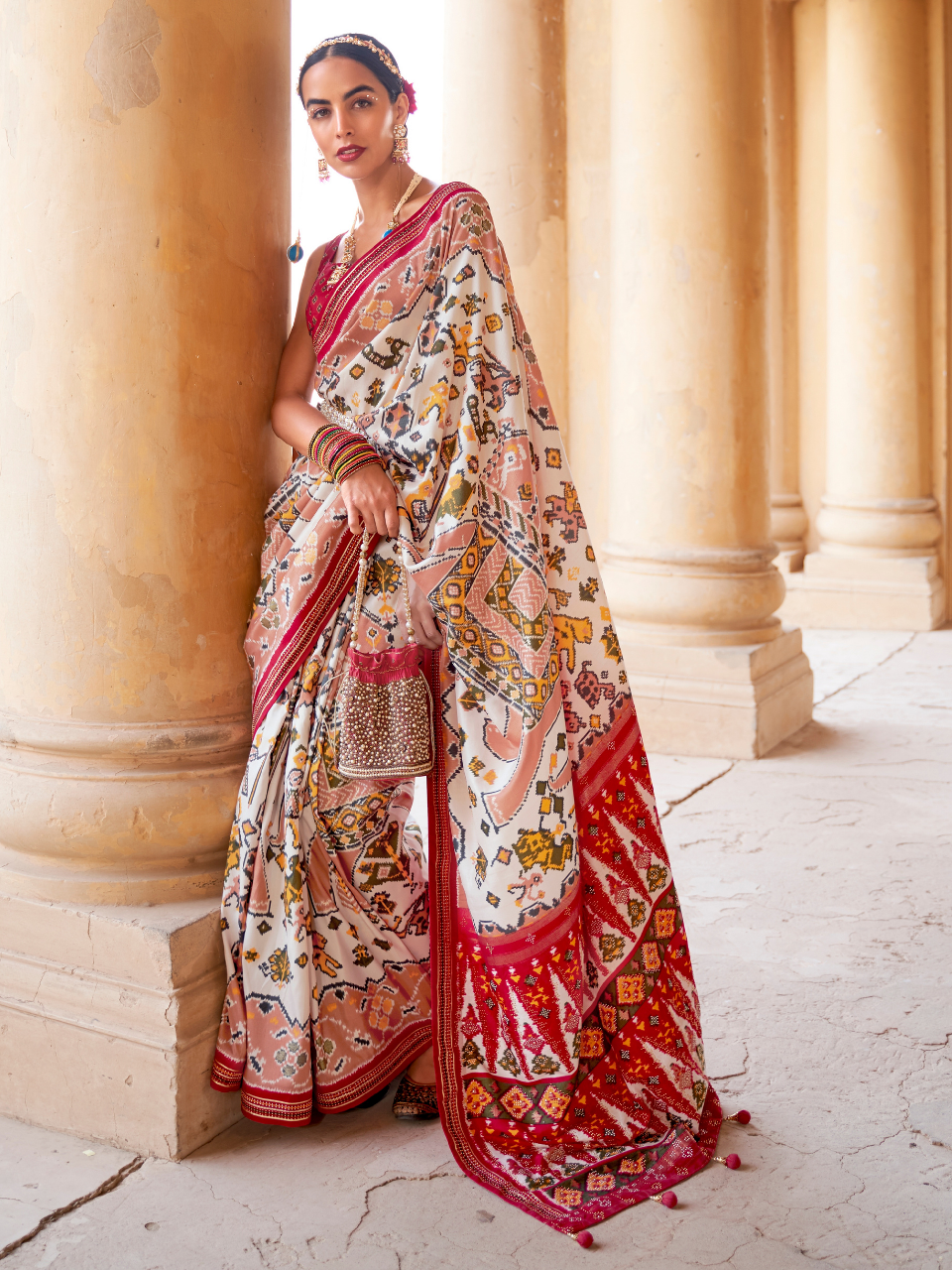 Alluring White Patola Silk Saree