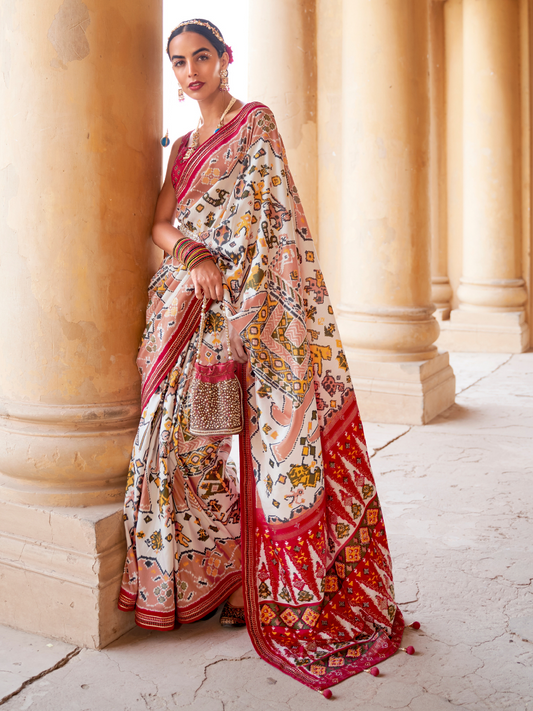 Alluring White Patola Silk Saree