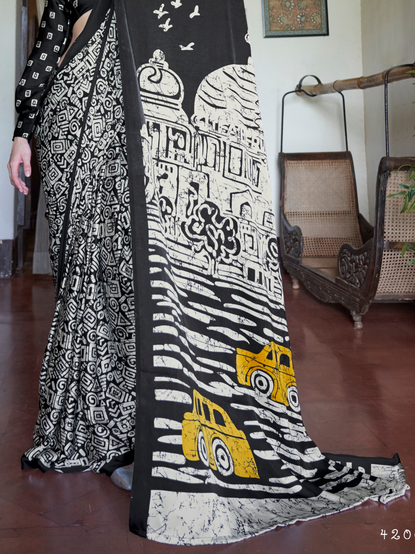 Unique Black & White Printed Satin Silk Saree